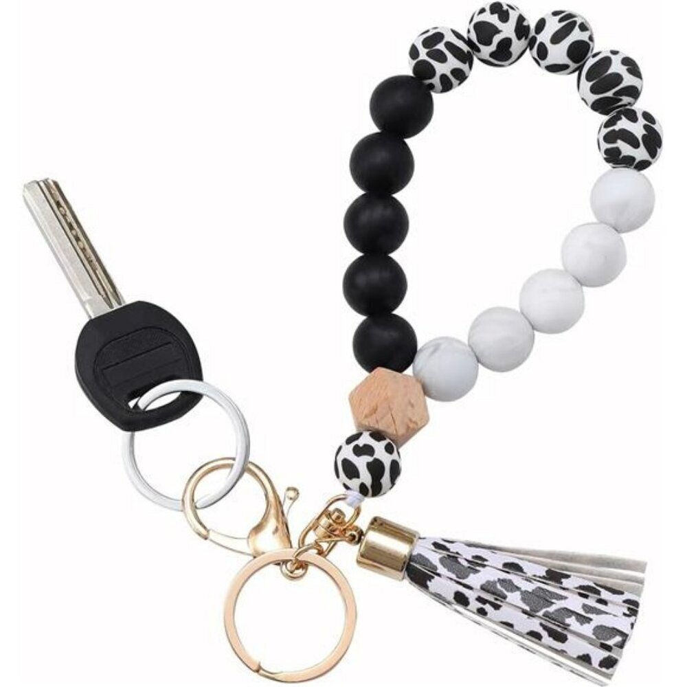 Beaded Silicone Key Ring Bracelet Wristlet Keychain with Tassel for Women
